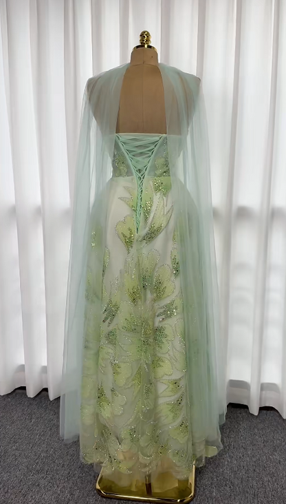 Fairy Strapless A-Line Tulle Long Evening Dress Green Prom Dress DP08007