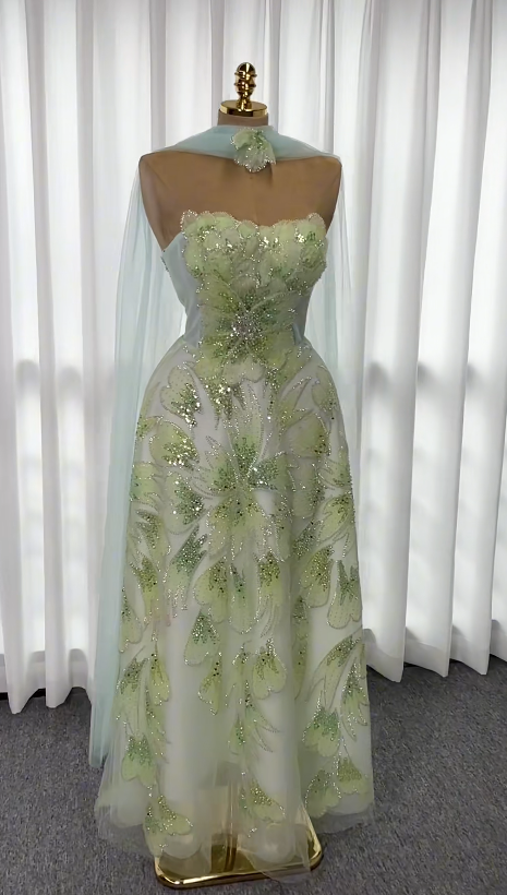 Fairy Strapless A-Line Tulle Long Evening Dress Green Prom Dress DP08007