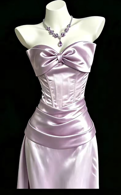 Schickes trägerloses, figurbetontes langes Abendkleid aus Satin, lila Ballkleid DP08010