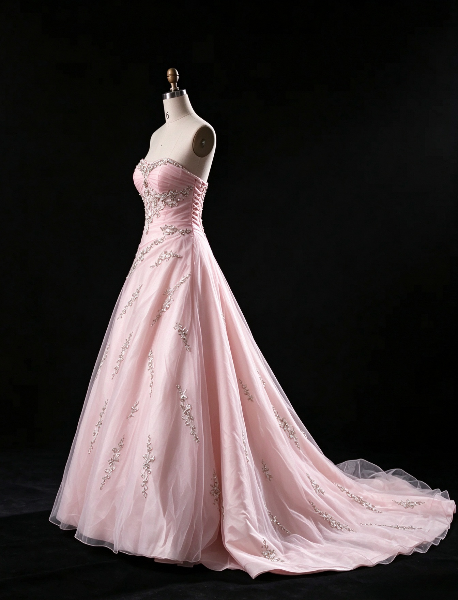 Schickes trägerloses, bodenlanges A-Linien-Abendkleid aus Tüll, rosa Ballkleid DP08014