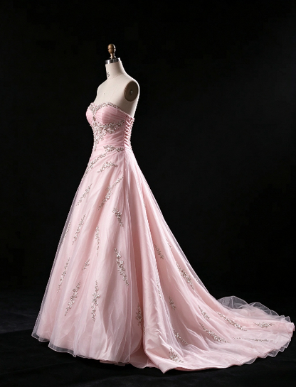 Schickes trägerloses, bodenlanges A-Linien-Abendkleid aus Tüll, rosa Ballkleid DP08014
