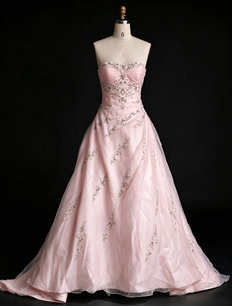 Schickes trägerloses, bodenlanges A-Linien-Abendkleid aus Tüll, rosa Ballkleid DP08014