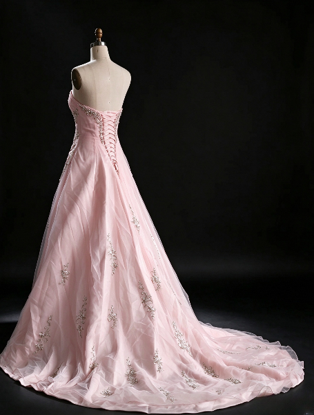 Schickes trägerloses, bodenlanges A-Linien-Abendkleid aus Tüll, rosa Ballkleid DP08014