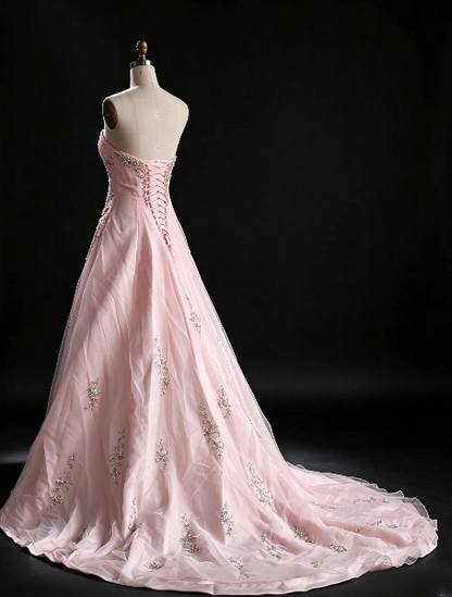 Schickes trägerloses, bodenlanges A-Linien-Abendkleid aus Tüll, rosa Ballkleid DP08014