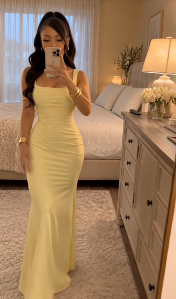 Chic Straps Sheath Satin Long Evening Dress Yellow Prom Dress DP08017