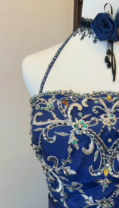 Chic Strapless A-Line Satin Long Evening Dress  Applique Blue Prom Dress DP08018