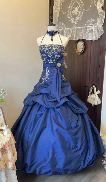 Chic Strapless A-Line Satin Long Evening Dress  Applique Blue Prom Dress DP08018