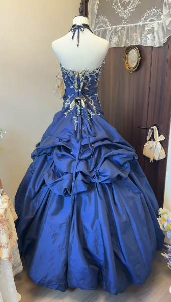 Chic Strapless A-Line Satin Long Evening Dress  Applique Blue Prom Dress DP08018