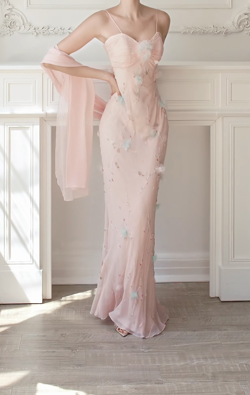 Chic Straps Sheath Chiffon Beaded Long Evening Dress Pink Prom Dress DP08020
