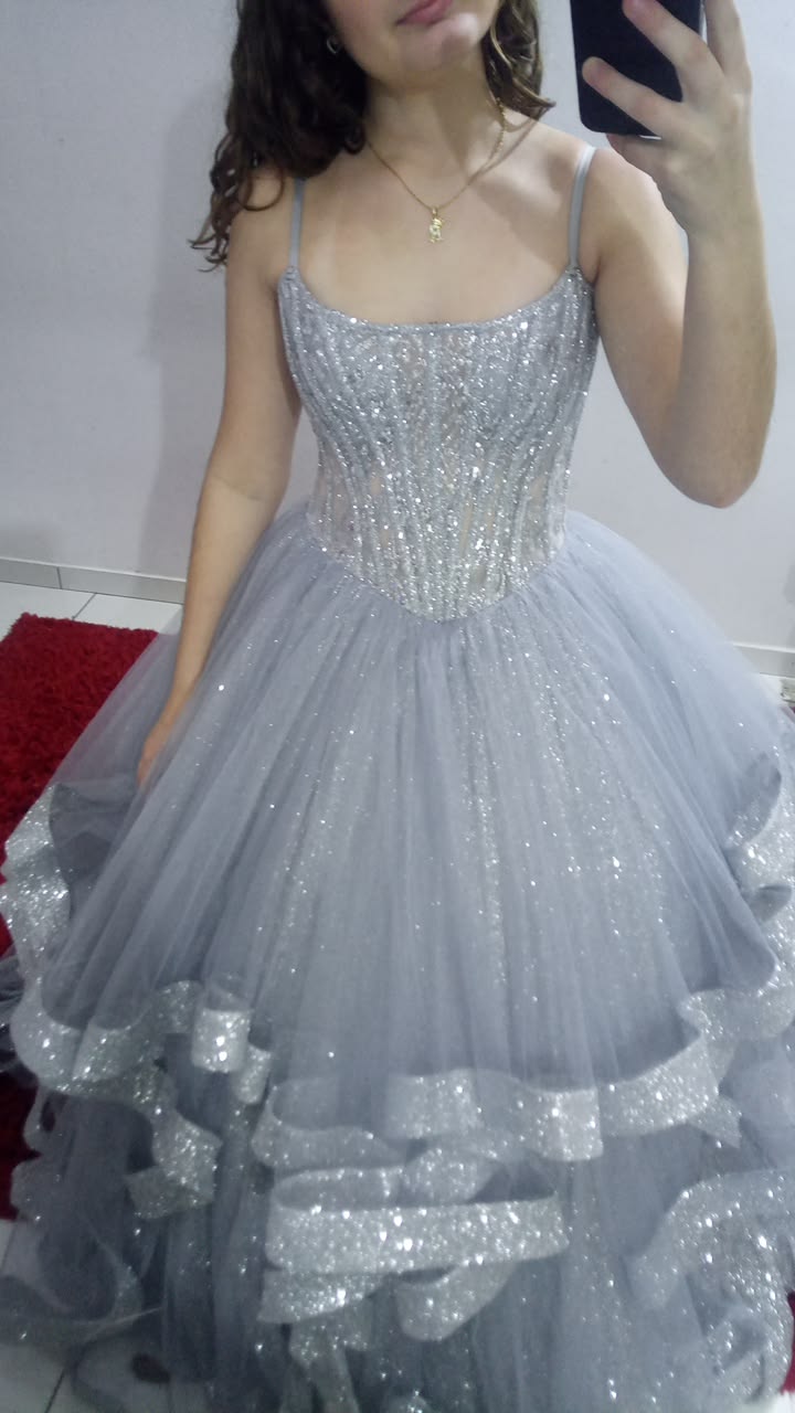 Schickes, bodenlanges A-Linien-Abendkleid aus Tüll mit Trägern, eisblaues Ballkleid DP08022