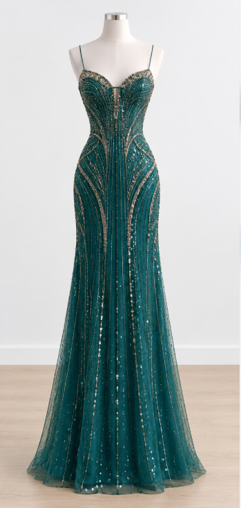 Elegantes figurbetontes, perlenbesetztes langes Abendkleid aus Chiffon in Petrol, Ballkleid DP08025