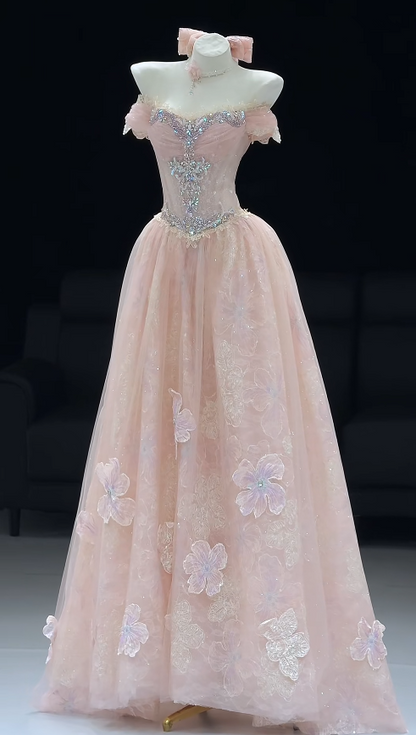 Niedliches langes Abendkleid aus Tüll in A-Linie, rosa Ballkleid DP08026