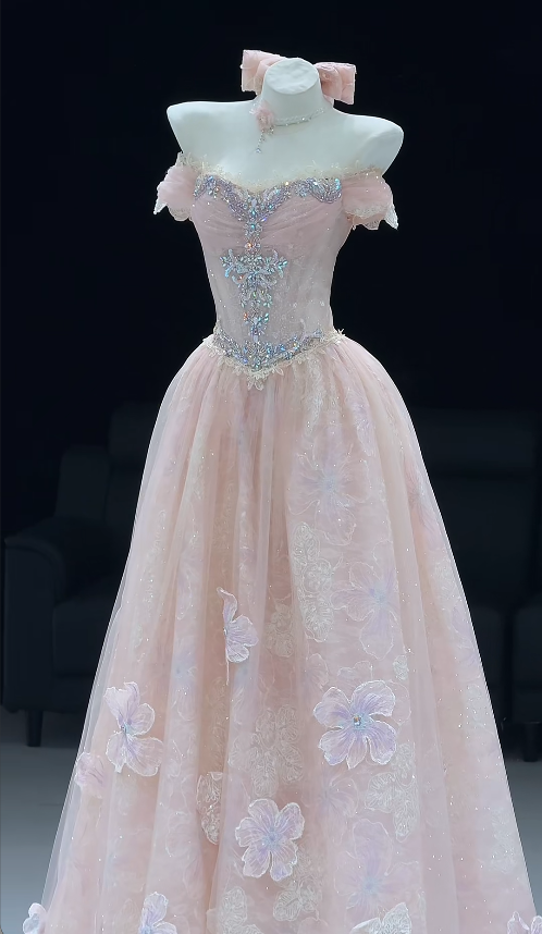 Niedliches langes Abendkleid aus Tüll in A-Linie, rosa Ballkleid DP08026