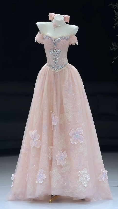 Niedliches langes Abendkleid aus Tüll in A-Linie, rosa Ballkleid DP08026