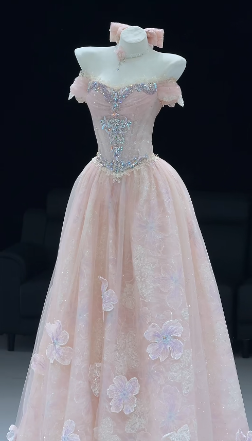 Niedliches langes Abendkleid aus Tüll in A-Linie, rosa Ballkleid DP08026