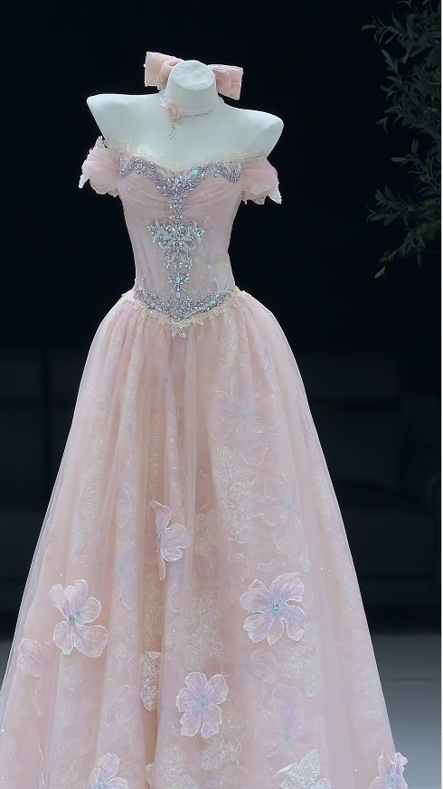 Niedliches langes Abendkleid aus Tüll in A-Linie, rosa Ballkleid DP08026