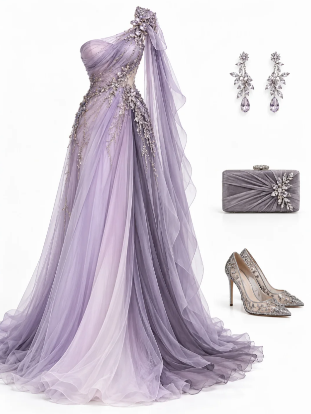Fairy A-Linien-Tüll-Langes Abendkleid Lila Ballkleid DP08027
