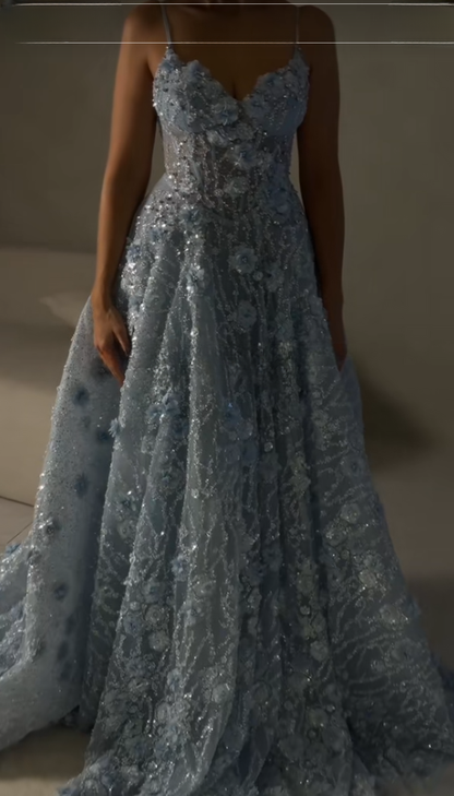 Pretty A-Line Tulle Beaded Long Evening Dress Blue Prom Dress DP08032