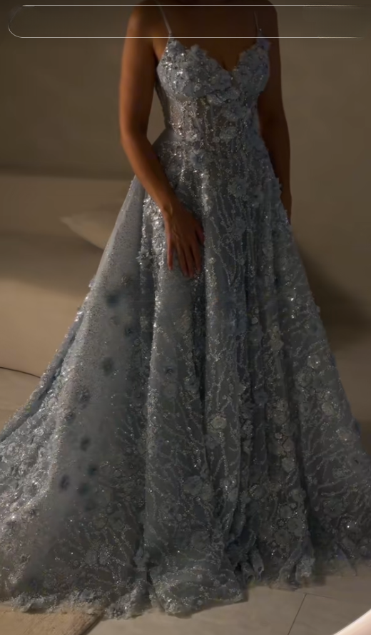 Pretty A-Line Tulle Beaded Long Evening Dress Blue Prom Dress DP08032