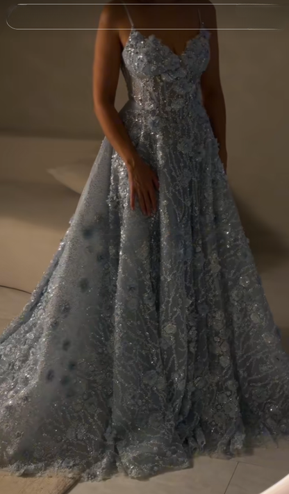 Pretty A-Line Tulle Beaded Long Evening Dress Blue Prom Dress DP08032