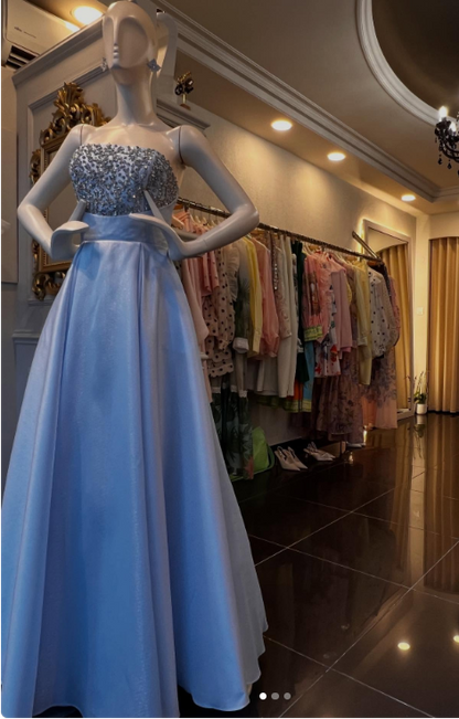 Schönes langes Abendkleid aus Satin in A-Linie, blaues Ballkleid DP08035