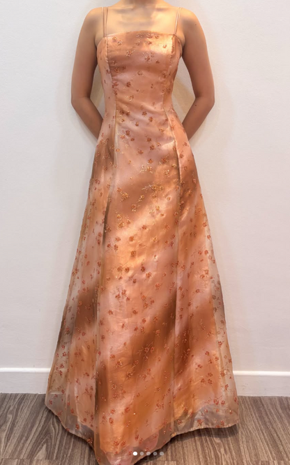 Jolie robe de soirée longue en satin coupe trapèze, robe de bal orange DP08036