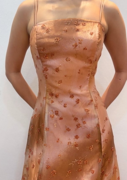 Jolie robe de soirée longue en satin coupe trapèze, robe de bal orange DP08036