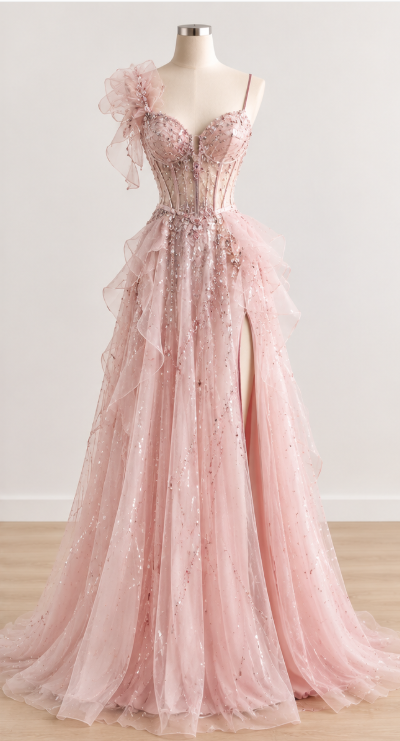 Robe de soirée longue en mousseline perlée, coupe fourreau, rose, robe de bal DP08041