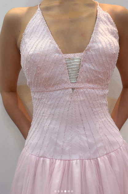Niedliches langes Abendkleid aus Tüll in A-Linie, rosa Ballkleid DP08043