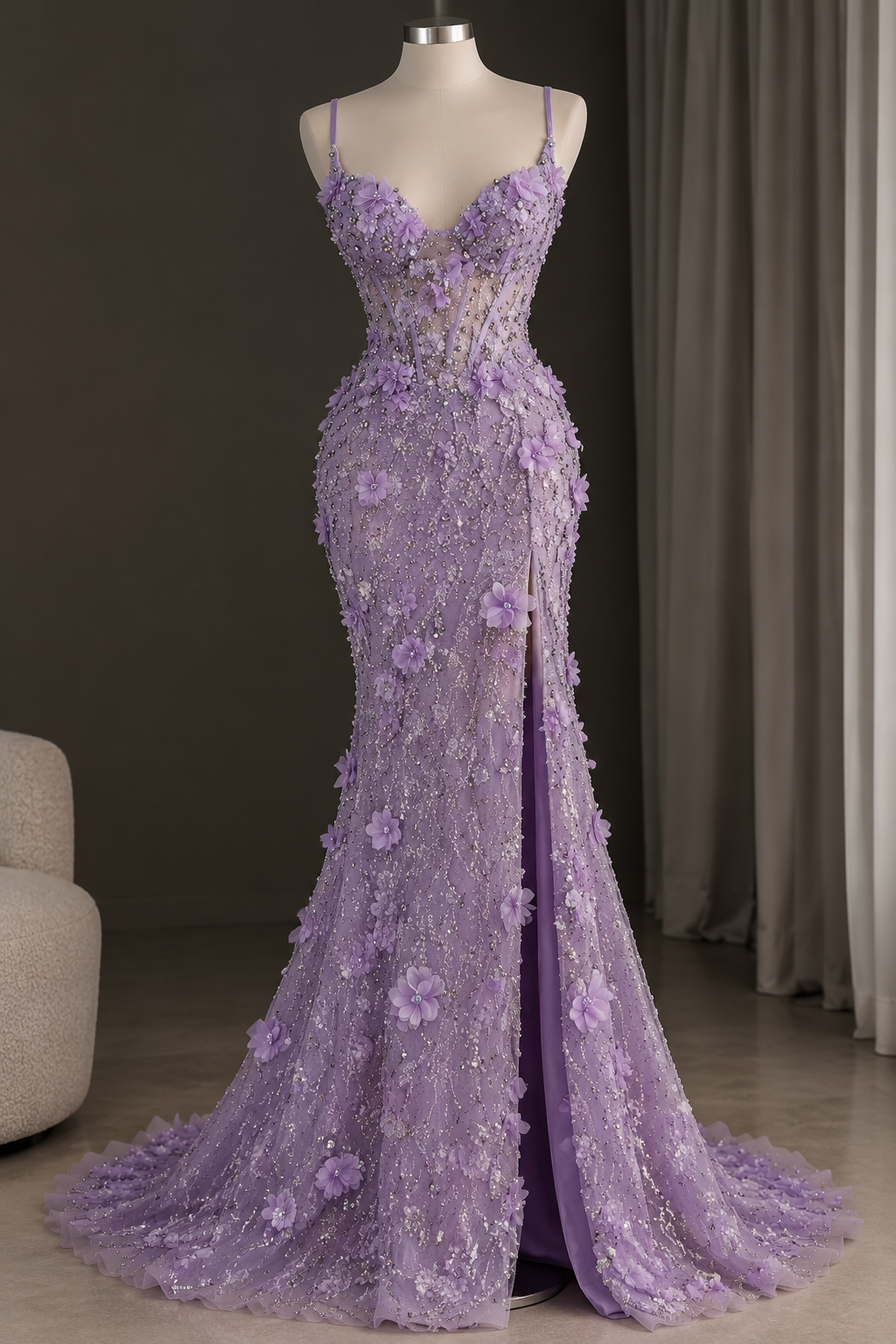 Pretty Sheath Tulle Appliques Long Evening Dress Lavender Prom Dress DP08048
