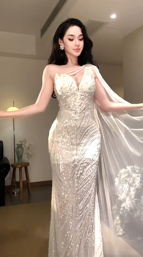 Robe de bal blanche glamour en mousseline avec perles, robe de soirée longue DP08059