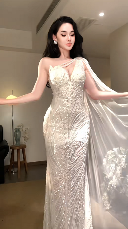 Robe de bal blanche glamour en mousseline avec perles, robe de soirée longue DP08059