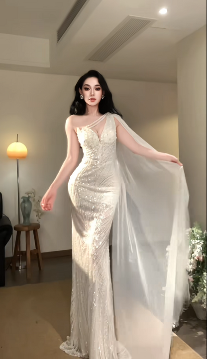 Robe de bal blanche glamour en mousseline avec perles, robe de soirée longue DP08059