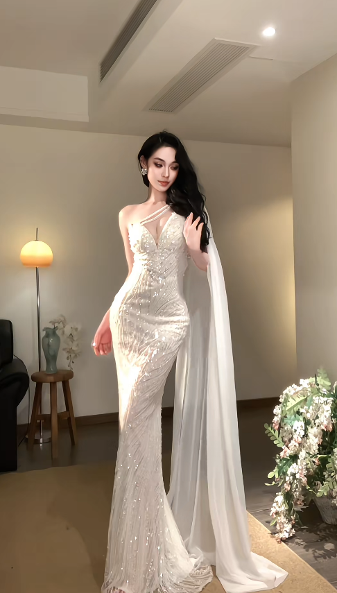 Robe de bal blanche glamour en mousseline avec perles, robe de soirée longue DP08059