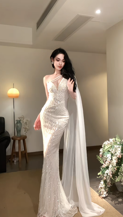 Robe de bal blanche glamour en mousseline avec perles, robe de soirée longue DP08059