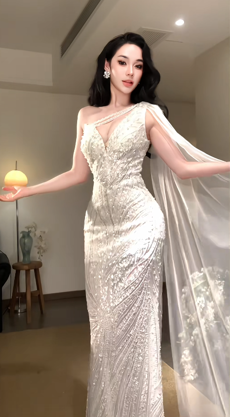 Robe de bal blanche glamour en mousseline avec perles, robe de soirée longue DP08059
