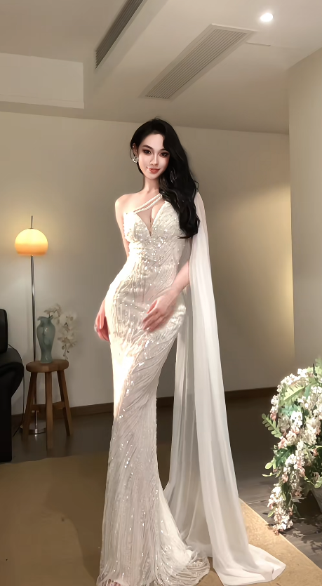 Glam White Prom Dress Sheah Chiffon Beaded Long Evening Dress DP08059