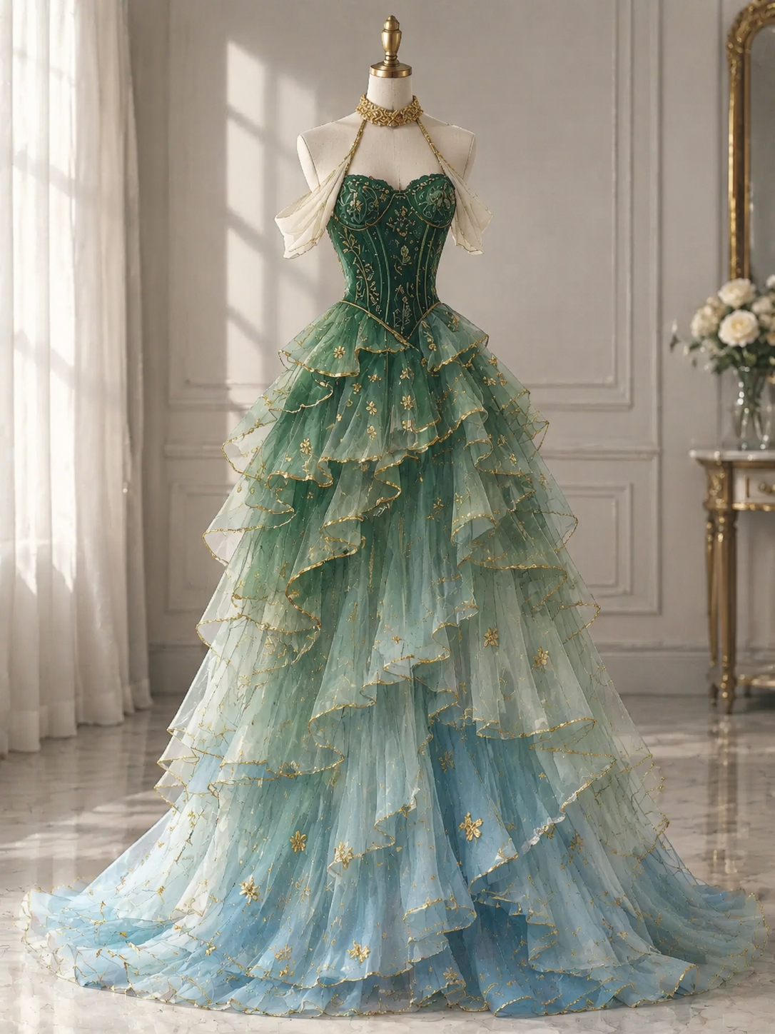 Süßes grünes A-Linien-Abendkleid aus Tüll, lang DP08061