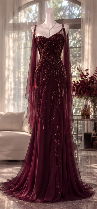 Vintage Sheath Chiffon Beaded Long Evening Dress Burgundy Prom Dress DP08064
