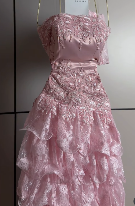Pretty Sheath Lace Long Evening Dress Pink Prom Dress DP08075