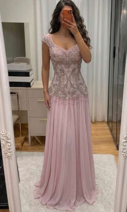 Pretty Sheath Chiffon Beaded Long Evening Dress Pink Prom Dress DP08076