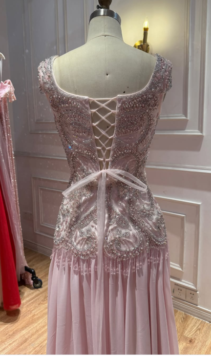 Pretty Sheath Chiffon Beaded Long Evening Dress Pink Prom Dress DP08076