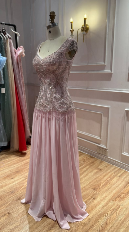 Pretty Sheath Chiffon Beaded Long Evening Dress Pink Prom Dress DP08076