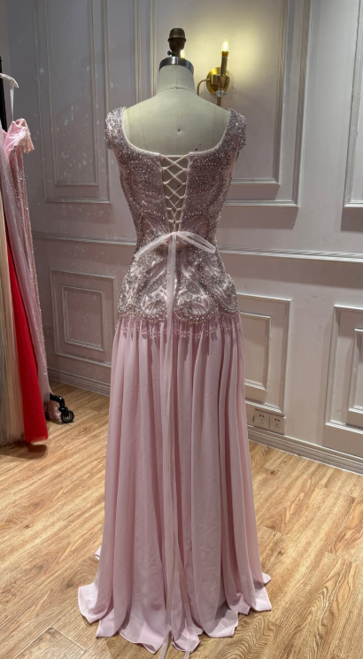 Pretty Sheath Chiffon Beaded Long Evening Dress Pink Prom Dress DP08076