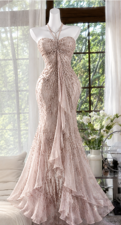Gorgeous Mermaid Chiffon Beaded Long Evening Dress Pink Prom Dress DP08080