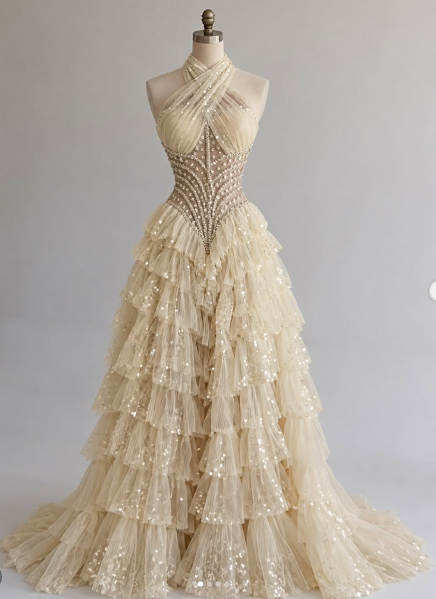 Gorgeous A-Line Tulle Sequins Long Evening Dress Yellow Prom Dress DP08084