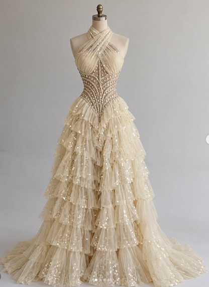 Gorgeous A-Line Tulle Sequins Long Evening Dress Yellow Prom Dress DP08084