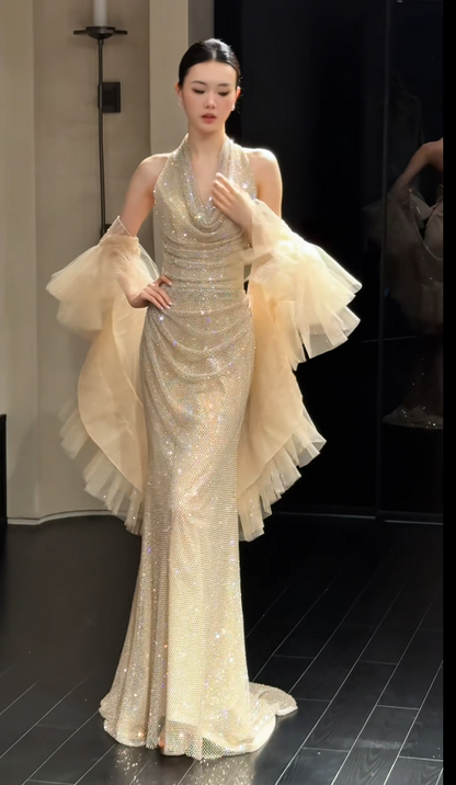 Gorgeous Sheath Chiffon Sequins Long Evening Dress ChampagneProm Dress DP08085