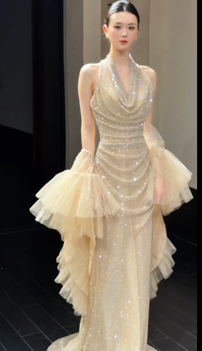 Gorgeous Sheath Chiffon Sequins Long Evening Dress ChampagneProm Dress DP08085