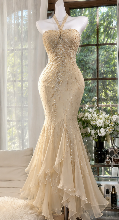 Gorgeous Mermaid Chiffon Beaded Long Evening Dress Yellow Prom Dress DP08086